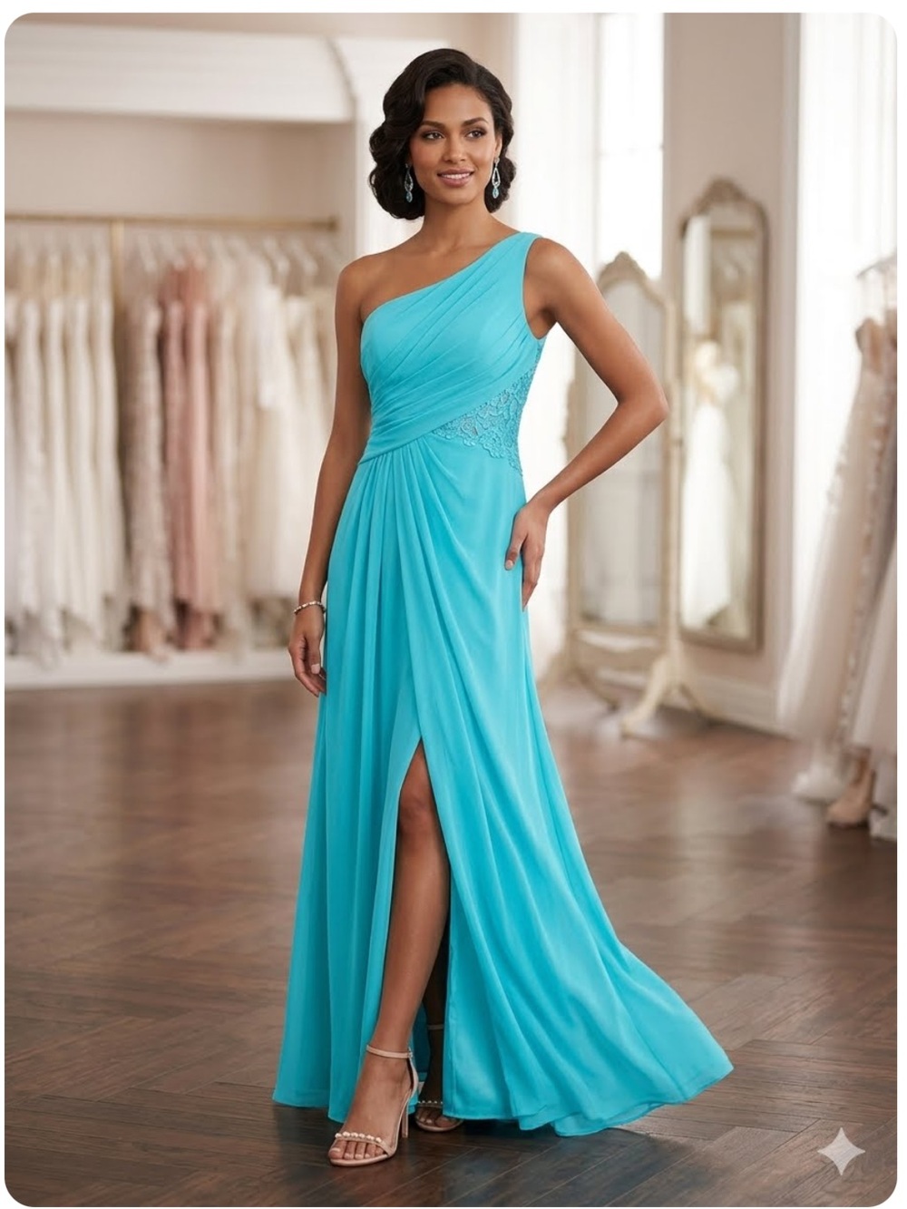 David’s bridal Malibu blue one-shoulder floor length, lace inset @one waistline.